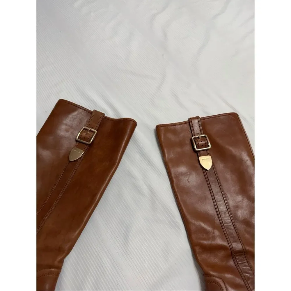 Coach Easton Women’s Tall Tan Leather Buckle Zip Riding Boots Size 8.5 8 1/2 B